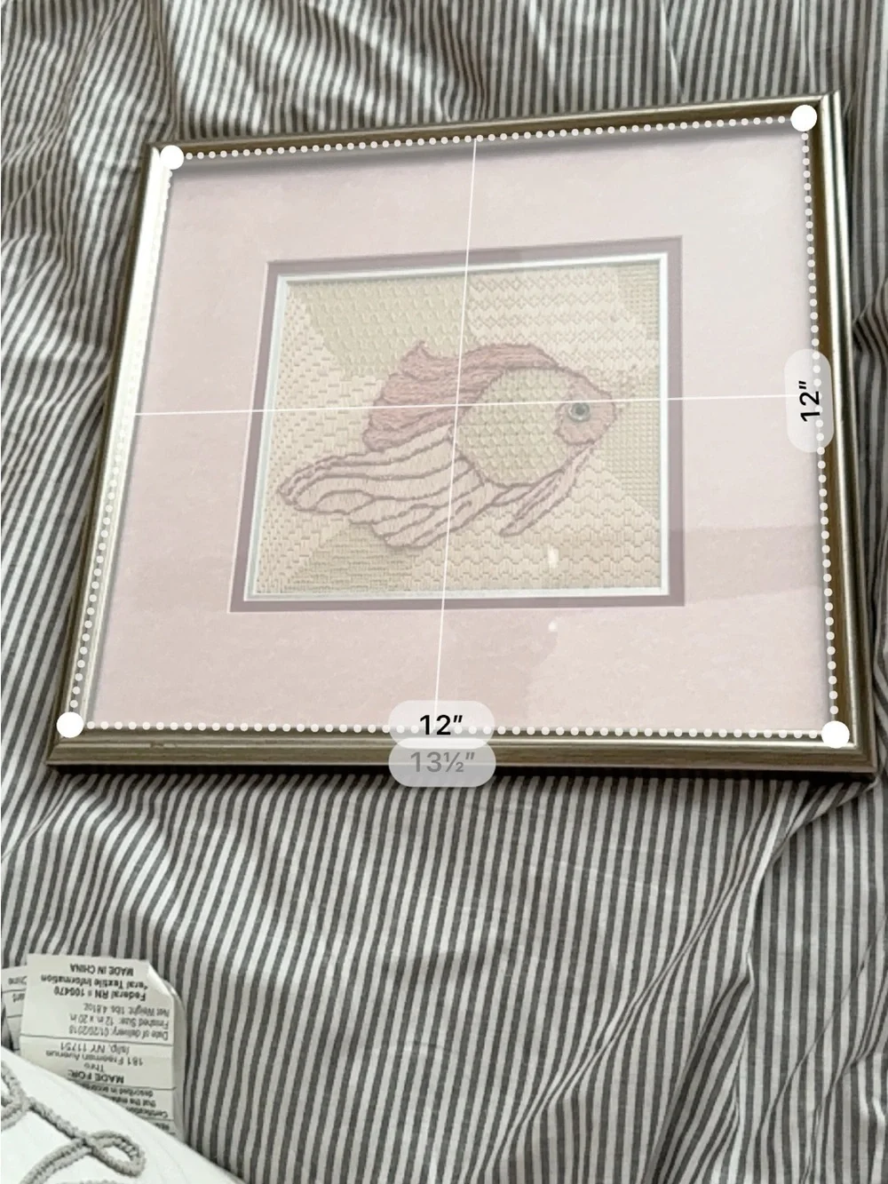 Vintage Pink Fish Needlepoint Embroidery Framed Textile Fiber Art Coastal 12”
